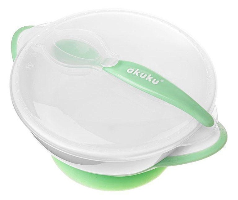 Набор мисочка с ложкой и крышкой Akuku A0504 White/Green