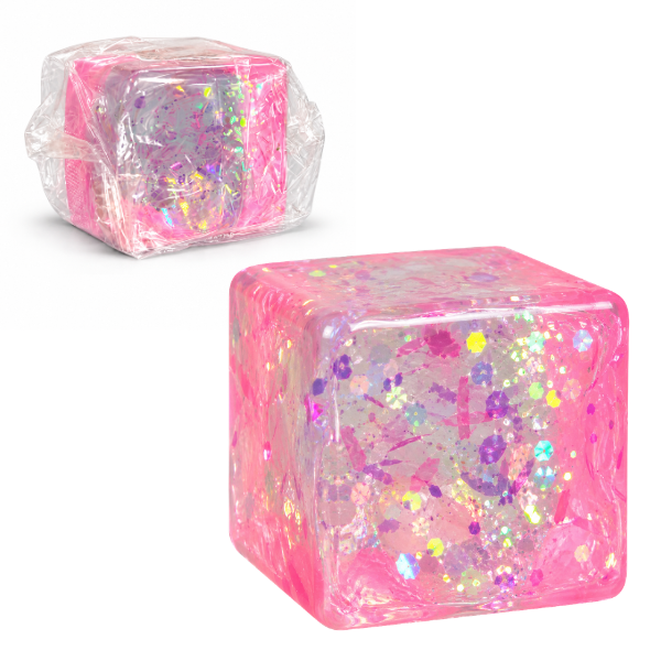 Антистресс-куб «Squish Stretch Ball» с блестками, 5×5×5 см, розовый