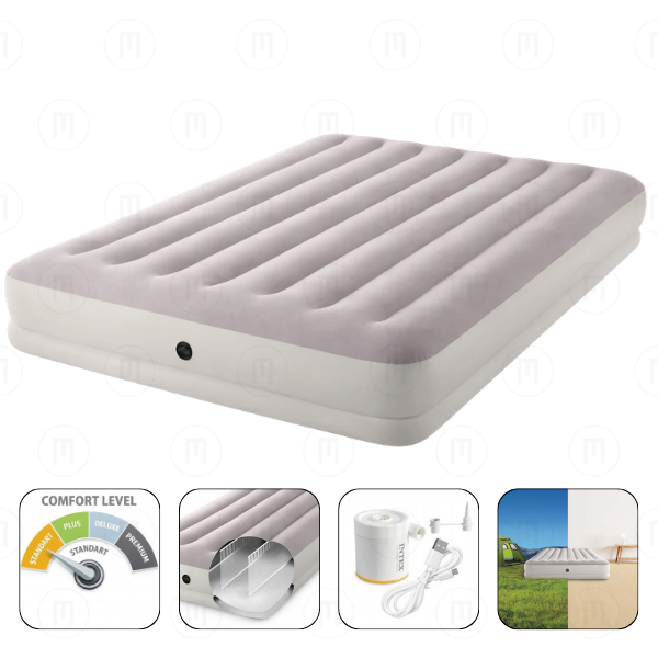 INTEX Надувной матрас “Velur Prestige” 152x203X30 см с портативным USB-насосом 5V, до 272 кг