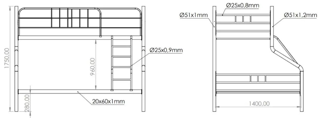 Двухъярусная кровать Evger R-70XL 90/140x200cm Black